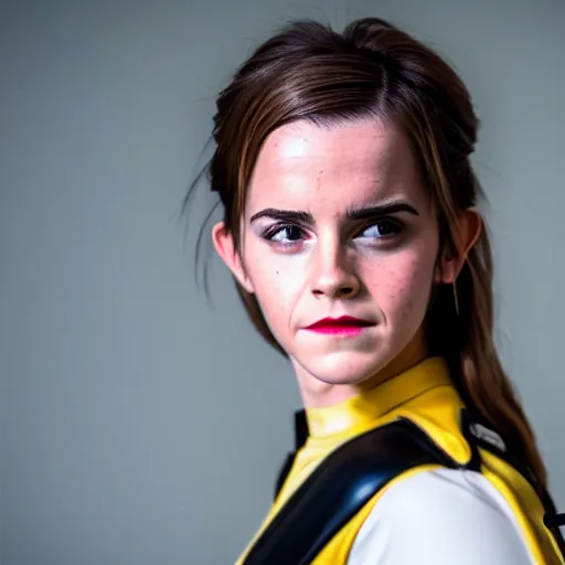 Prompt: Emma Watson in Kill Bill, Fujifilm X-T3, 1/1250s at f/2.8, ISO 160, 84mm, 8K, RAW, symmetrical balance, Dolby Vision, HDR, Luminar AI