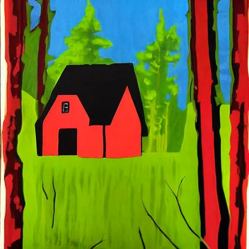 Image similar to a painting of a eerie cabin in the middle of the woods in the style of warhol