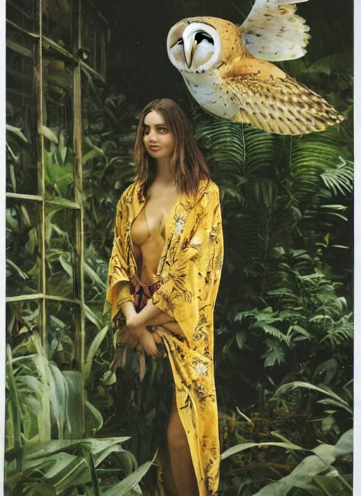 Prompt: grainy head to shoulder portrait Polaroid film photograph of Ana de Armas wearing a yellow kimono with a very detailed barn owl on her shoulder!!! in a tropical greenhouse. looking at the camera!!. super resolution. Extremely detailed. Polaroid 600 film. by Annie Leibovitz and Richard Avedon.