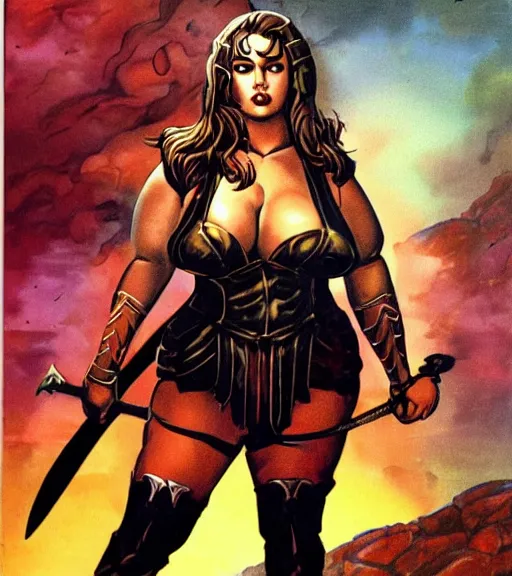 Image similar to 1 9 8 0 s fantasy novel book cover, bbw plus size amazonian elizabeth gillies in extremely tight bikini armor wielding a cartoonishly large sword, exaggerated body features, dark and smoky background, low quality print