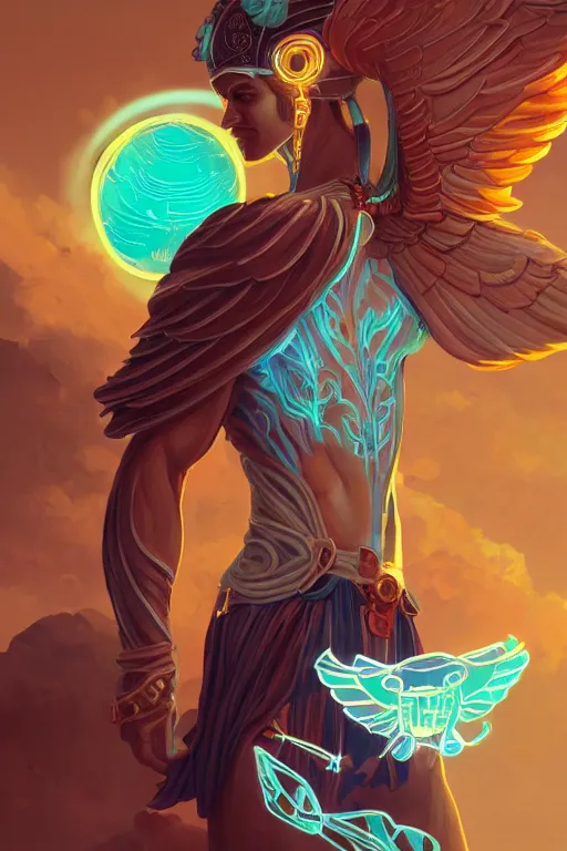 Image similar to highly detailed, the handsome greek god hermes, wearing winged helmet, holding glowing laptop computer, clouds of glowing binary code, digital painting bioluminance alena aenami artworks in 4 k design by lois van baarle by sung choi by john kirby artgerm style pascal blanche and magali villeneuve