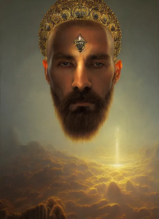 Prompt: wisened philosopher king (an absolute monarch of his ancient european kingdom) resides on his throne, his gaze transfixed on the horizon of infinity, his mind contemplating eternity, highly detailed DnD portrait by Raffaello Ossola and Ross Tran and Greg Rutkowski and Zdzisław Beksiński, stunning detail, 8k, 4k