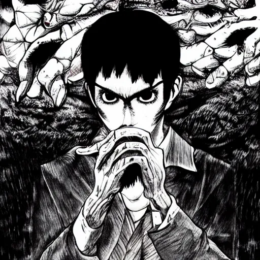 Prompt: eyes, last days of humanity lone survivor holding his guts by hands, junji ito, amano yoshitaka, 8k hd