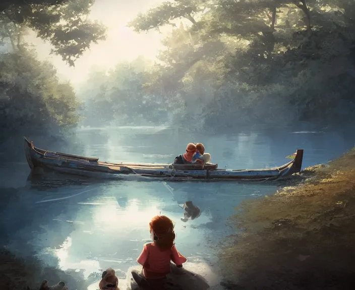 Image similar to a boy and girl sitting together on one single boat. Romantic. Girl has auburn hair, boy has short black hair. Narrow river in a forest, rocky shore, trees, shady, blue waters, ripples, waves, reflections, details, sharp focus, illustration, by Jordan Grimmer and greg rutkowski, Trending artstation, pixiv, digital art