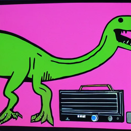 Image similar to 80s graffiti art style marker drawing of a dinosaur holding a synthesizer standing on a large speaker