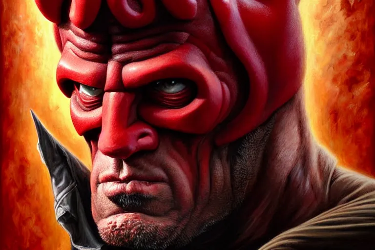 Image similar to poster portrait of sly stallone as hellboy ( 2 0 0 4 ). artwork, 4 k digital art, 8 0's style tomasz alen kopera, peter mohrbacher, donato giancola, boris vallejo, drew struzan hyperrealistic oil painting, urban horror, frank frazetta