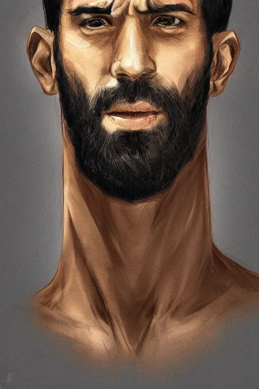 Image similar to very detailed portrait of a rugged man in his early thirties, strong jaw, ( ( deep black eyes ) ), ( ( ( latino features ) ) ), wearing a black!! t - shirt, earthy color scheme, by wlop and krenz cushart and artgerm, detailed eyes, starry background, trending, on artstation.