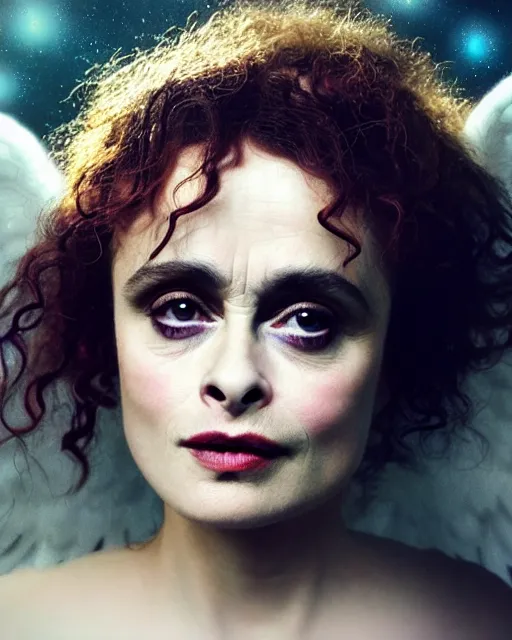 Image similar to Full potrait of Helena Bonham Carter as an angel, hyper realistic, prismatic highlights, atmosphere, gorgeous, depth of field, cinematic, macro, concept art, 50mm, artstation, wlop, elegant, epic, weta digital, focus, octane render, v-ray, 8k, kodak portra, art by Liberatore