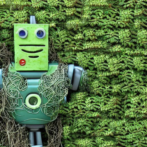 Image similar to an overgrown and dead robot, covered in vines