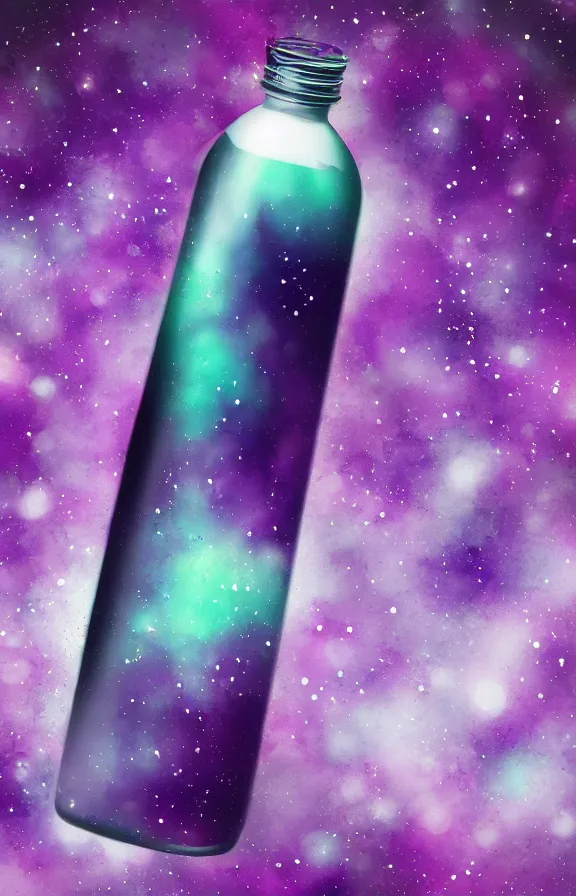 Image similar to purple liquid inside a bottle, universe background, minimalist artwork,