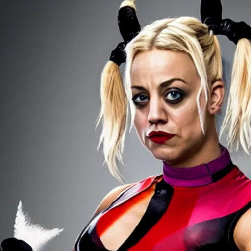 Image similar to A still of Kaley Cuoco as Harley Quinn