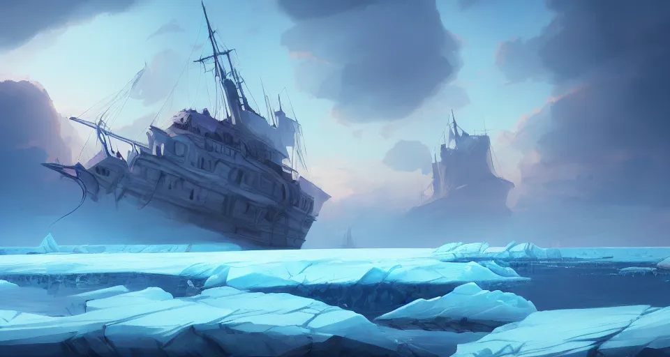 Prompt: concept art by jama jurabaev, cel shaded, cinematic shot, trending on artstation, high quality, brush stroke, vibrant colors, rosy clouds, a mysterious giant ghost ship trapped in the glacier