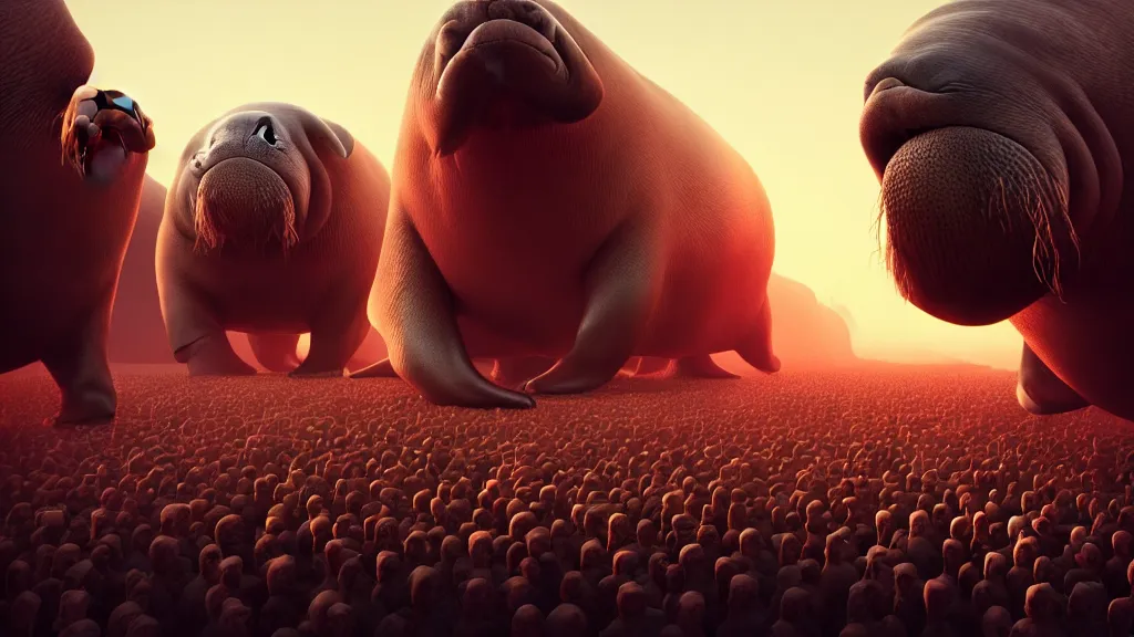 Image similar to an Epic Giant Walrus Battling an army of 1000s of Obama Clones by Beeple, 4K