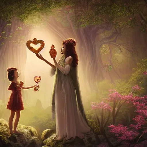 Image similar to “the goddess of love and her daughter making a ritual in a magical forest, sharp focus, detailed, digital art, extra detail, HD, fantasy, 8k”