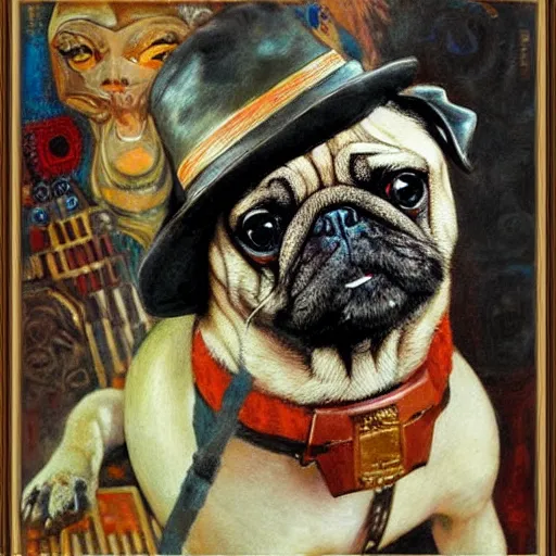 Image similar to pug dog robot smoking a hooka, intricate detail, painting, jazz age, klimt, royo, frazetta, whealan,