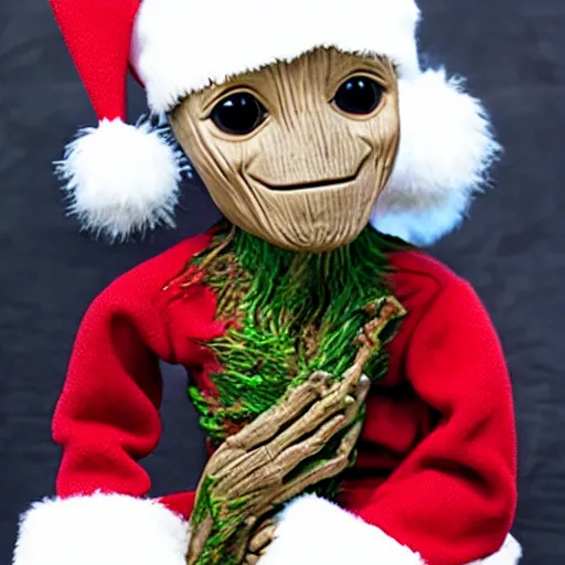 Image similar to baby groot sitting on a mall santas lap