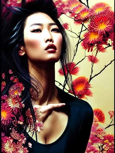 Image similar to a portrait of asian supermodel with a floral background by karol bak, artgerm, moebius, yoji shinkawa : : portrait, illustration, photorealism, hyperrealism, graffiti