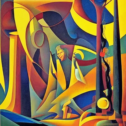 Prompt: imagine art nouveau : : 1 0 0 metaphysical art : : 5 futurism : : 1 5 vorticism : : 2 5 surrealism : : 1 5 indigenism : : 1 5 early morning in the eifel mountains werner peiner 1 9 3 8 : : 5 muralism : : 5 neo - figurative art : : 1 0 maximalism : : 1 0