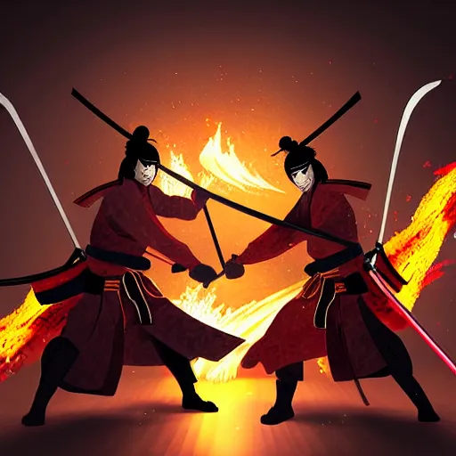 Prompt: Two samurais with flaming swords fighting, 8k, concept art, elegant, cinematic lighting, detailed painting
