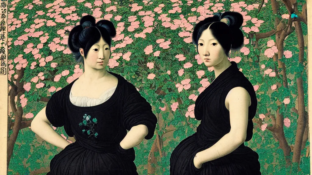 Prompt: portrait of a young asian woman with neon blue hair buns, wearing a black t-shirt, standing in a garden full of black flowers, intricate details, high detail, in a renaissance style, super-flat, in the style of Jean Auguste Dominique Ingres, James Jean, punk