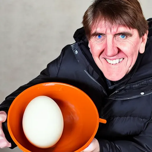 Prompt: photograph of peter beardsley in a puffa jacket cooking eggs