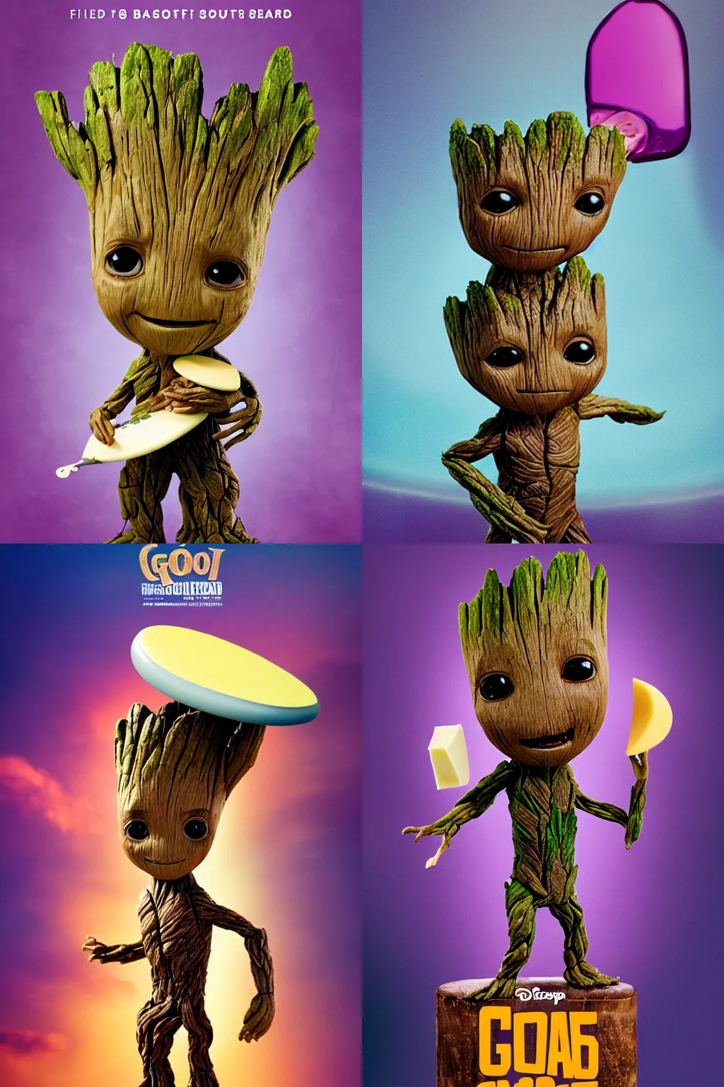 Prompt: little Groot with one head is riding a surfboard shapes like a bar of purple soap, ball of cheese in left hand, cinematic angle, poster style