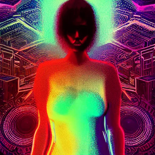 Image similar to long Shot of psychedelic Black widow standing in mysterious chromatic astral temple , stylish, lsd, soft, cinematic, artwork by WLOP