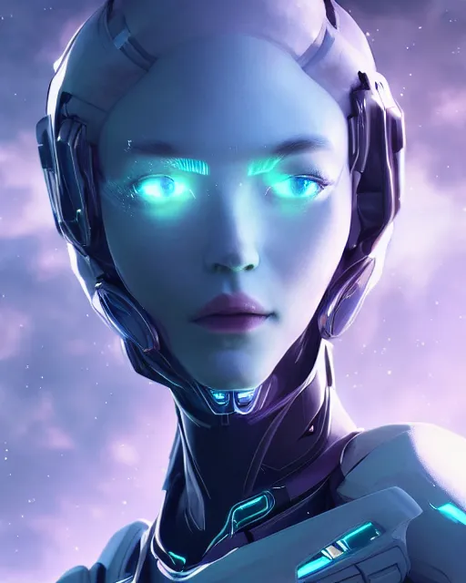 Image similar to perfect android girl on a mothership, warframe armor, beautiful face, scifi, futuristic, galaxy, nebula, raytracing, dreamy, long white hair, blue cyborg eyes, sharp focus, cinematic lighting, highly detailed, artstation, divine, by gauthier leblanc, kazuya takahashi, huifeng huang