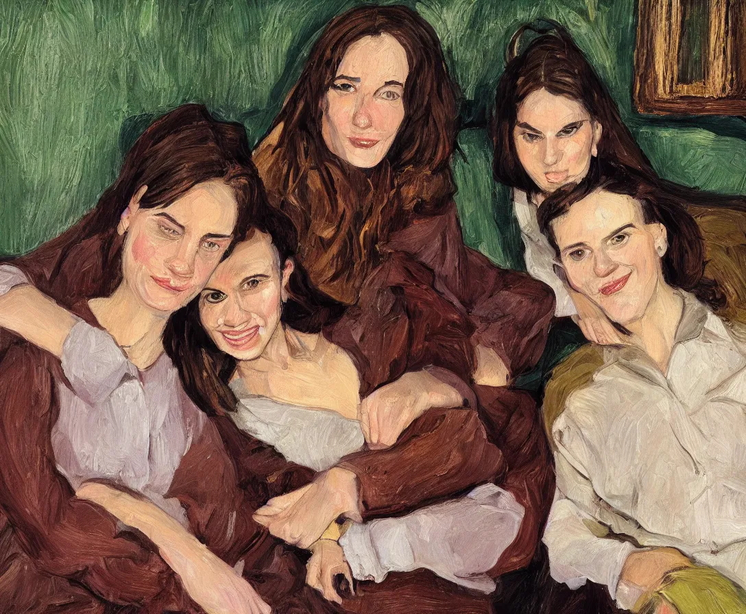 Image similar to portrait of pretty bella and esther with brown hair lying horizontal next to each other, in an old english apartment on a brown leather sofa. one is wearing a dark blue sweather, the other a white shirt. close up. in the style of lucien freud. oil painting. green light. thick colorful brush strokes. smiling