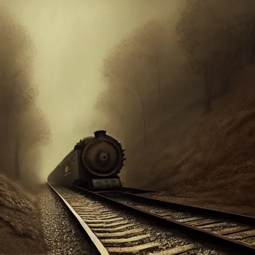 Image similar to an old train in tunnel by Aron Wiesenfeld and beksincki, cinematic, detailed illustration, nature, fog, dark colors, suspense, intricate, 8k