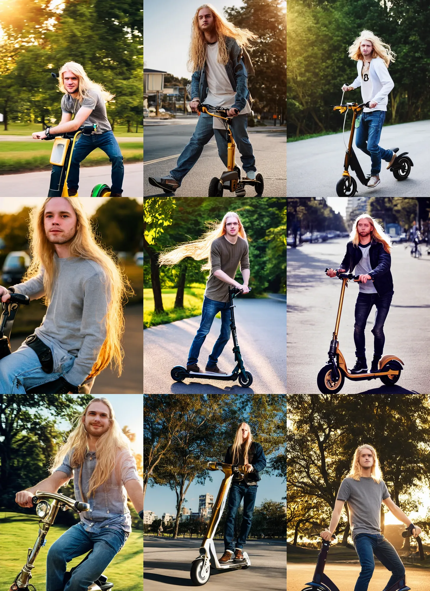 Prompt: portrait photo of a pale young man with really long blond hair riding a scooter, high quality, golden hour