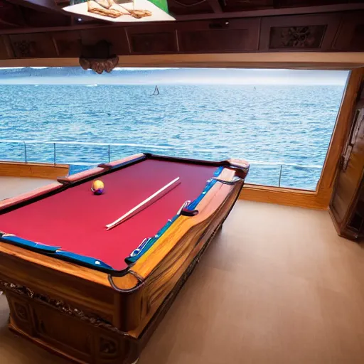 Image similar to a small sloop in which a large billiards table is placed. on the billiards table are twenty balls. focus on the billiards table with extremely high detail. the sloop is on the ocean. the weather is bad and cloudy. professional lighting.