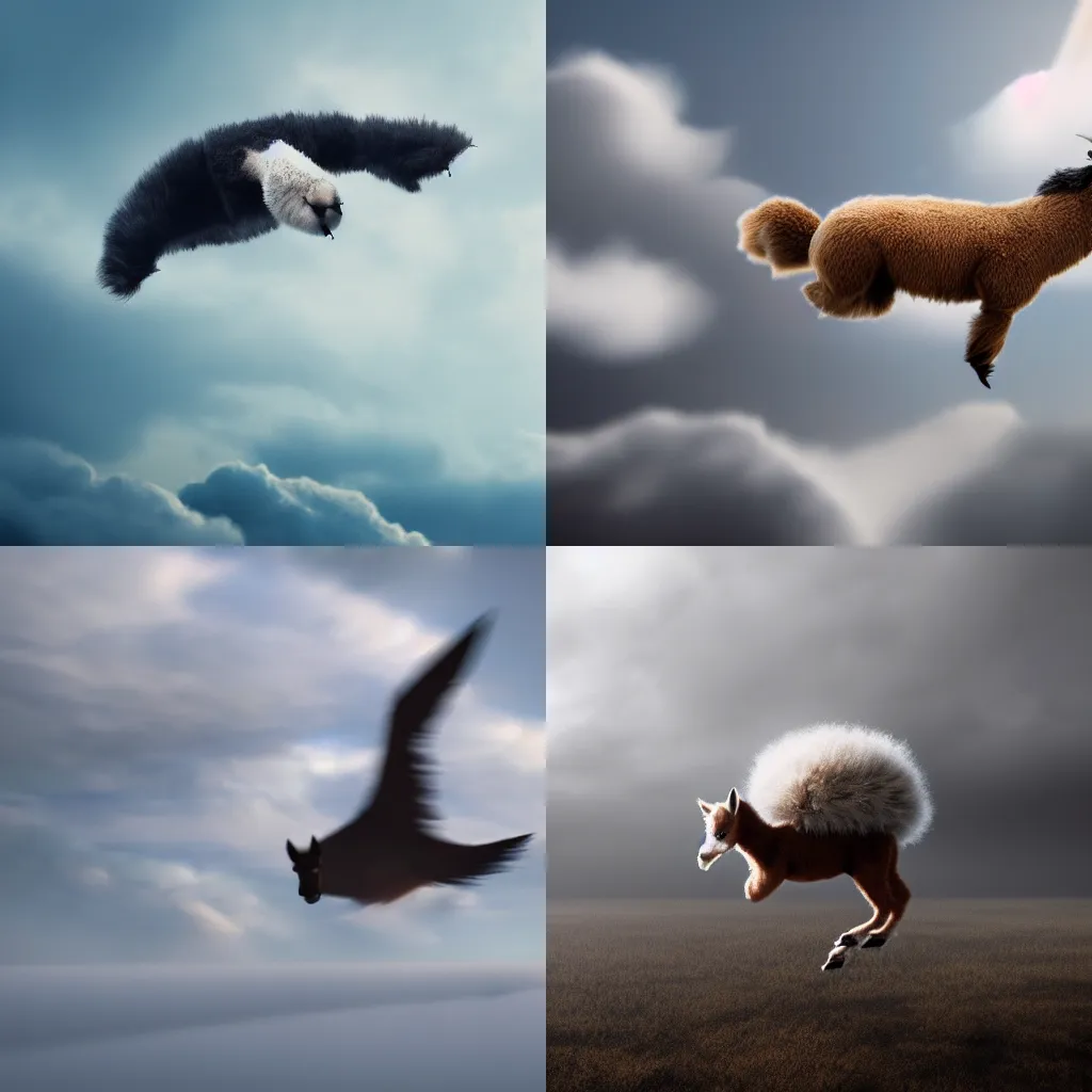 Prompt: mysterious flying alpaca gliding through the clouds, heading looking curious at birds, fluffy fur, octane, 4 k, dreamy