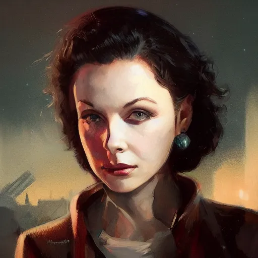 Image similar to closeup portrait of a young vivian leigh, dramatic lighting, city background, night, moon, chiaroscuro, high detail, painted by greg rutkowski, painted by igor kieryluk, painted by bobby chiu, trending on artstation