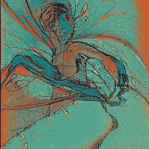 Image similar to a beautiful print. human technology that had become haunted, possessed by quick, gleaming cleverness. copper verdigris by al williamson daring, lush