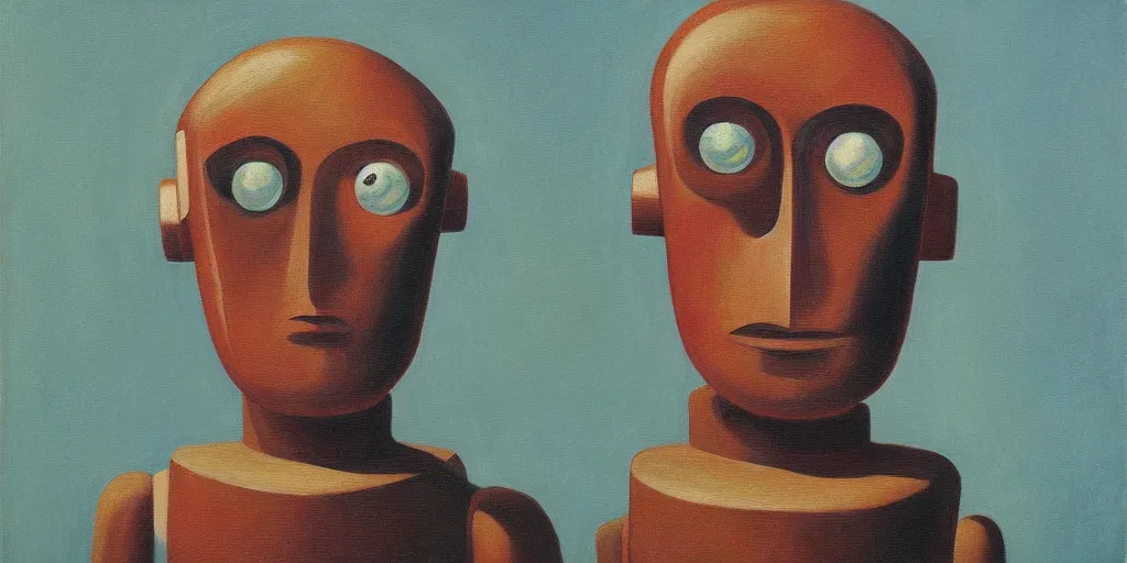 Image similar to sad robot portrait, visage, expressive, grant wood, pj crook, edward hopper, oil on canvas