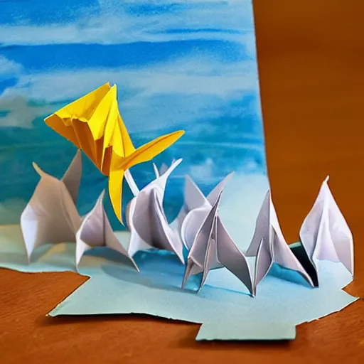 Prompt: Origami sea creatures in a paper ocean diorama