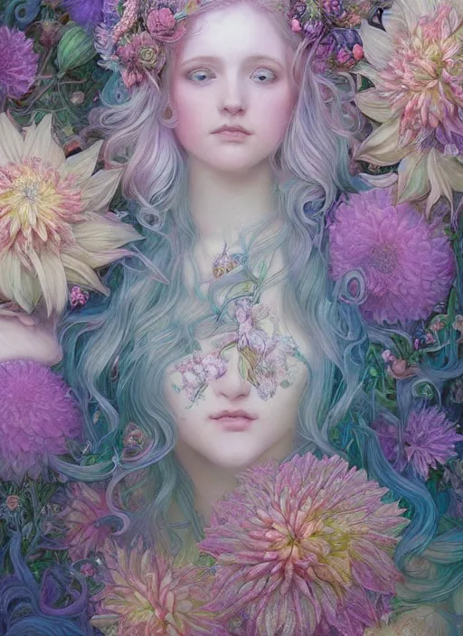 Image similar to ethereal goddess of dahlias, beautiful woman with pastel hair, symmetrical face, flowers, ornamental details, cute, playful, bright pastel colors, pearlescent, fantasy, sacred geometry, featured on artstation, in the style of donato giancola and krenz cushart, intricate maximalism, epic, can't believe how detailed this is