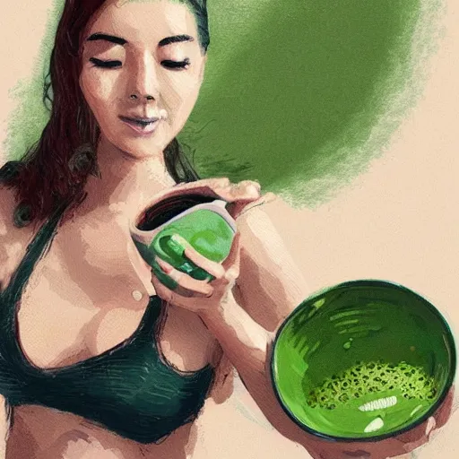 Prompt: woman bathing in green tea, trending on artstation