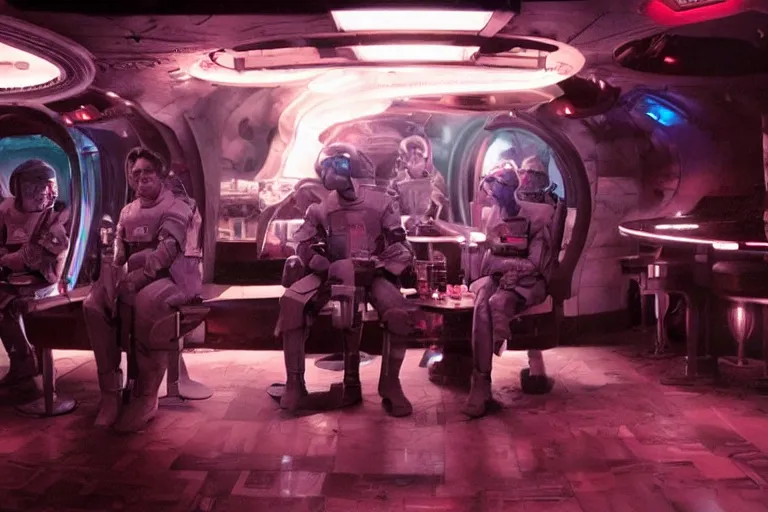 Image similar to sci-fi cinematography of space soldiers sitting in an alien bar. By Emmanuel Lubezki