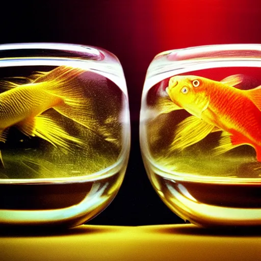 Prompt: two goldfishes swimming in the same fishbowl in a wong kar wai movie, photorealistic, 3 5 mm