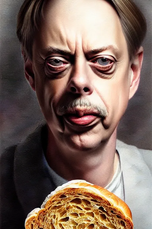 Image similar to beautiful portrait half steve buscemi wearing sourdough bread, by greg rutkowski