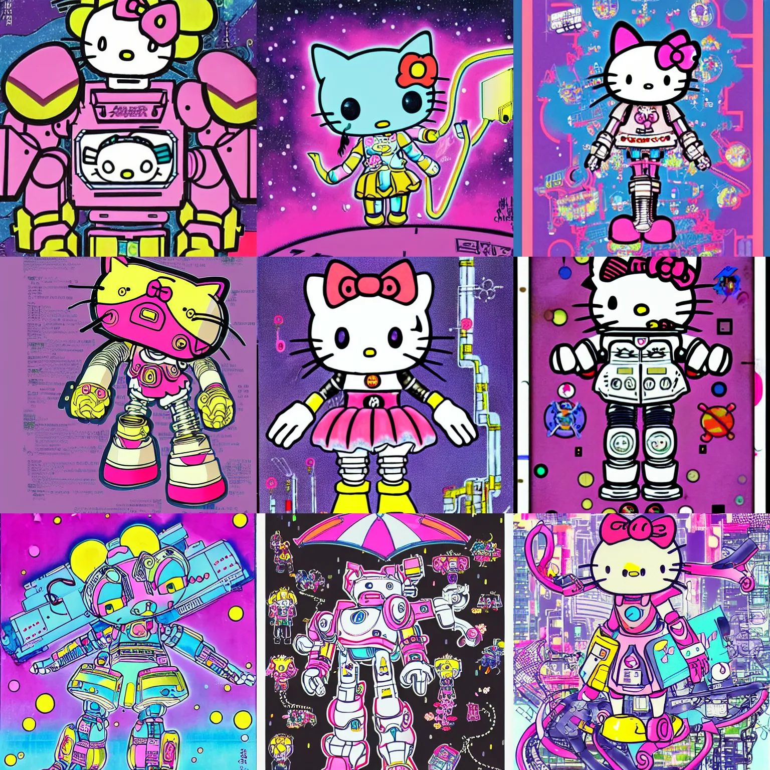 Prompt: a detailed schematic of a hellokitty mecha robot wearing a cyberpunk outfit by lisa frank, by cicely mary barker, by taiyo matsumoto, myst