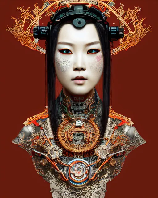 Image similar to portrait of a cyberpunk machine, machine face, upper half portrait, decorated with chinese opera motifs, asian, fine china, wuxia, traditional chinese art, intricate, elegant, highly detailed, symmetry, headpiece, digital painting, artstation concept art smooth sharp focus, illustration, art by artgerm and greg rutkowski alphonse mucha 8 k