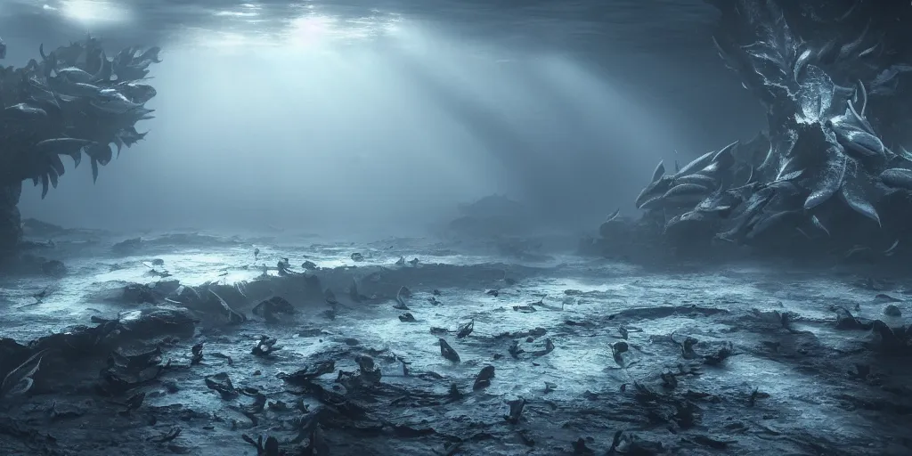 Image similar to there is a sea of underworld, there are fish, it is thousands of miles wide, and no one knows how to cultivate it, light through the mist, dramatic lighting, photorealistic, cinematic lighting, high detail, cinematic feel, high octane, 4K, Unreal Engine, digital render, intricate, ultra realistic, concept art