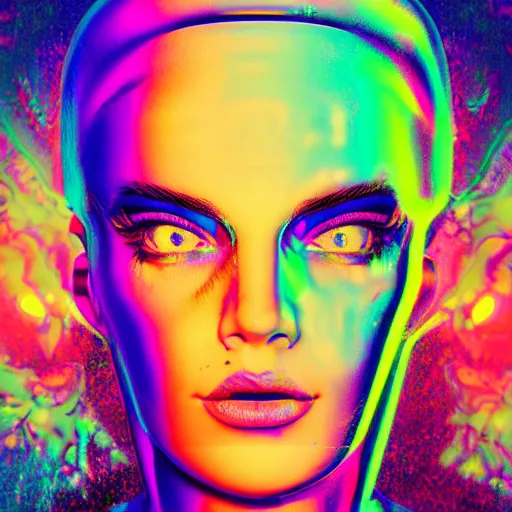 Prompt: chromatic 3d ultra realistic cyborg woman in psychedellic mirror environment digital art in synthwave style