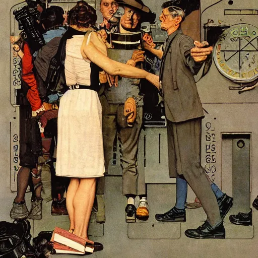 Prompt: A science fiction spy sneaks into a city, by Norman Rockwell.