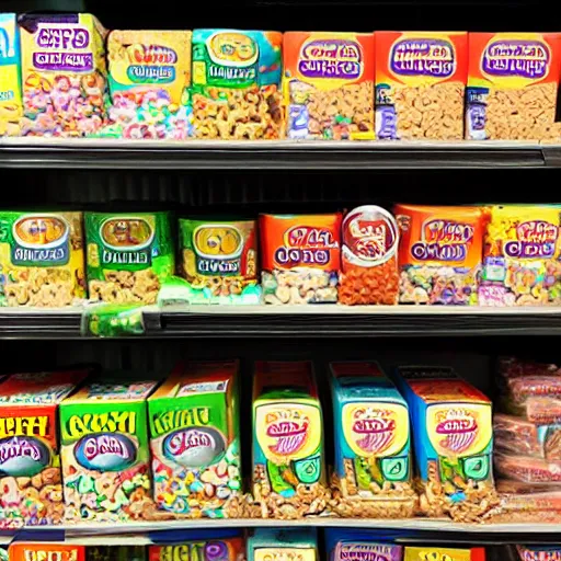 Prompt: a box of lucky charms cereal on a grocery store shelf