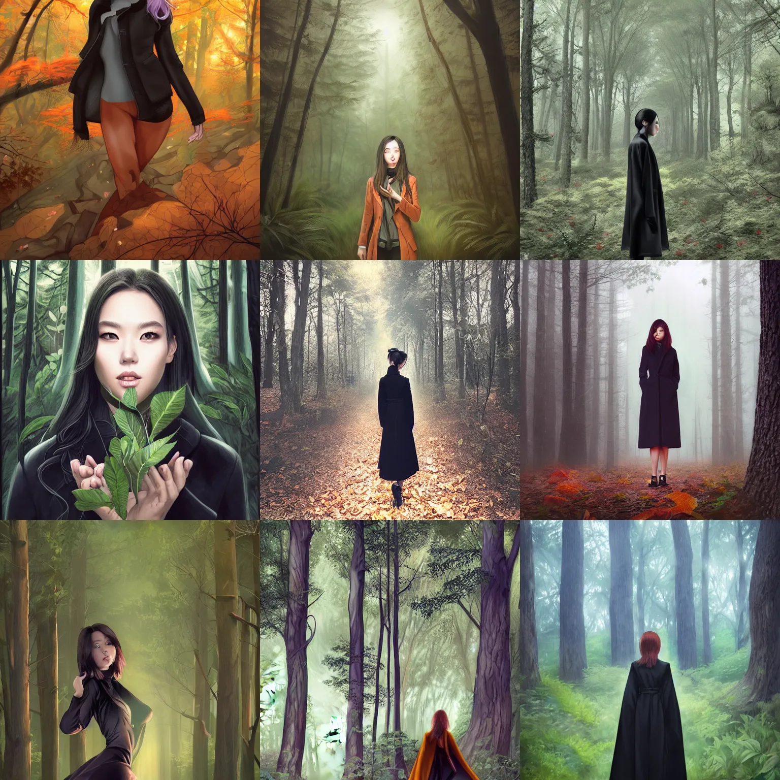 Prompt: a woman standing in a forest, black coat, art by artgerm and dao trong le and jeehyung lee