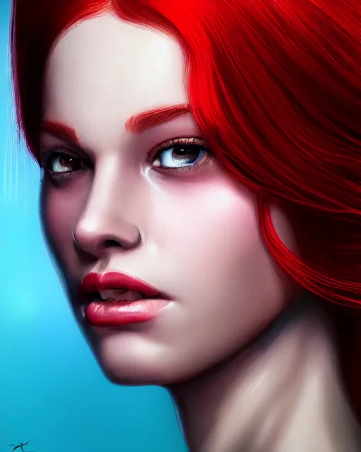 Image similar to a head and shoulder portrait of a beautiful woman with red hair, painted in the colorful style of Kotwdq, trending on Artstation, 8k, photorealistic, hyper detailed, unreal engine